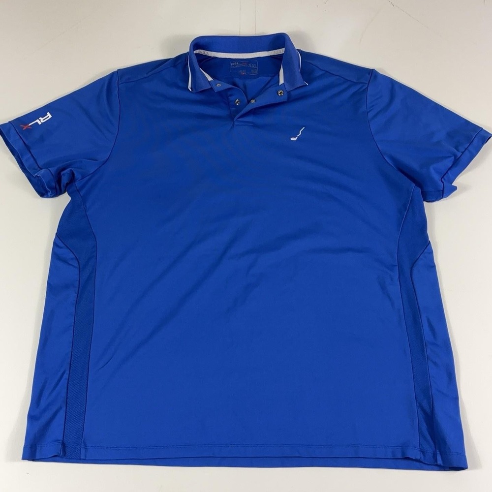 RLX Ralph Lauren Polo Shirt Mens 2XL Blue Snap Golf Short Sleeve Crooked Stick